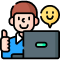 icon of a man giving a thumbs up with a laptop in front of him and a smiley chat bubble