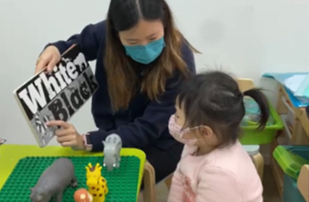 A masked woman demonstrating colors and animals to a child seated at a table, fostering a warm and caring atmosphere.