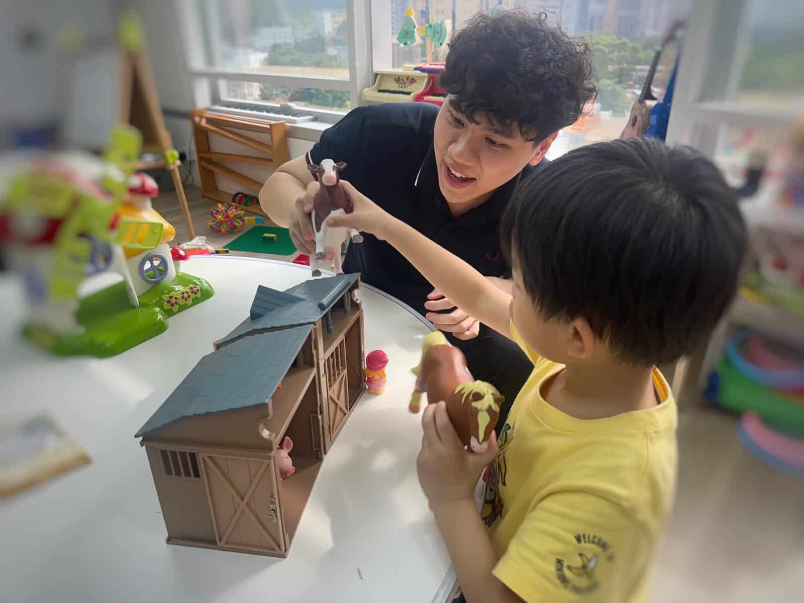 A teacher and a child engaged in play with toys, showcasing a moment of fun and bonding.